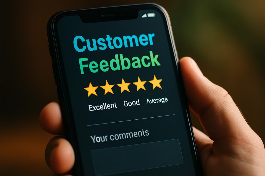 Close-up of a smartphone showing customer feedback form, highlighting auto repair reputation management.