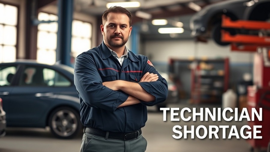 Confident automotive technician showcases skills in busy repair shop, addressing skills gap.
