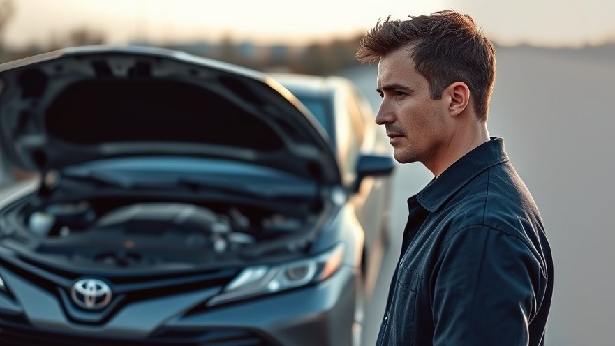 Driver contemplating Toyota Camry problems beside 2026 sedan with open hood.