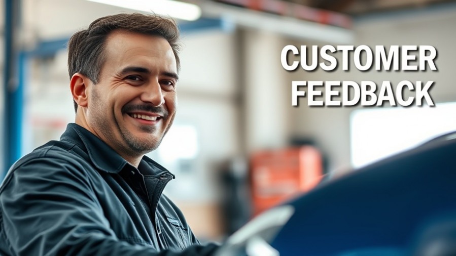Happy customer sharing auto repair feedback with a confident mechanic in a bright garage.