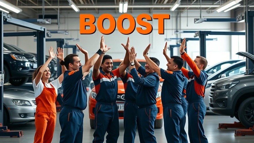 Diverse auto repair team showcasing employee engagement with high-fives and teamwork.