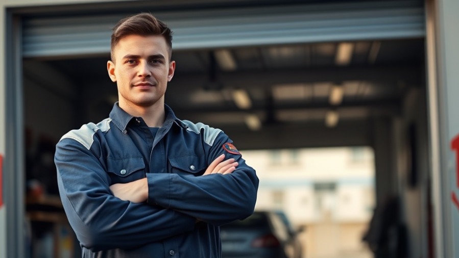 Confident auto repair owner enhancing Google rankings with SEO strategies.
