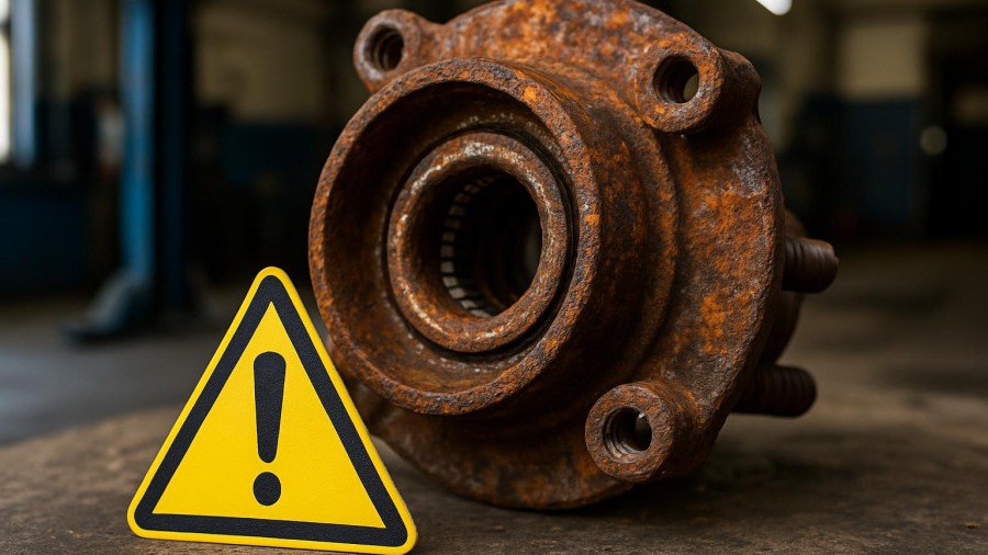 Close-up of a rusty wheel bearing signaling vehicle maintenance issues, showcasing signs of wear.