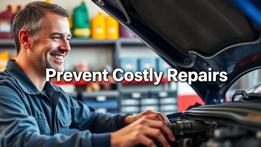 Smiling mechanic examining car engine in a bright garage, surrounded by tools and 'Prevent Costly Repairs' text.