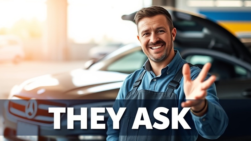 Confident auto repair shop owner gestures invitingly, showcasing digital marketing for customer engagement.