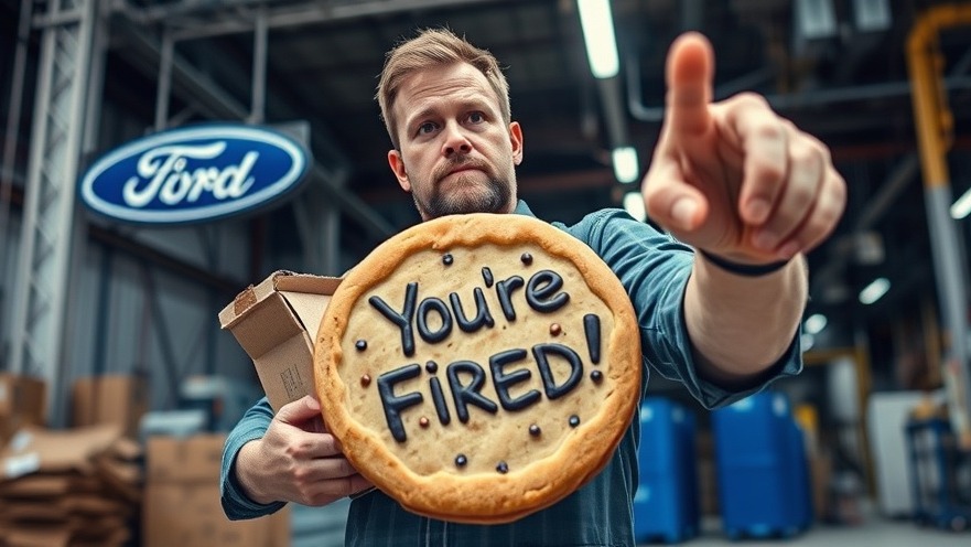 Dejected Ford worker facing unfair termination, holding belongings in an industrial setting.