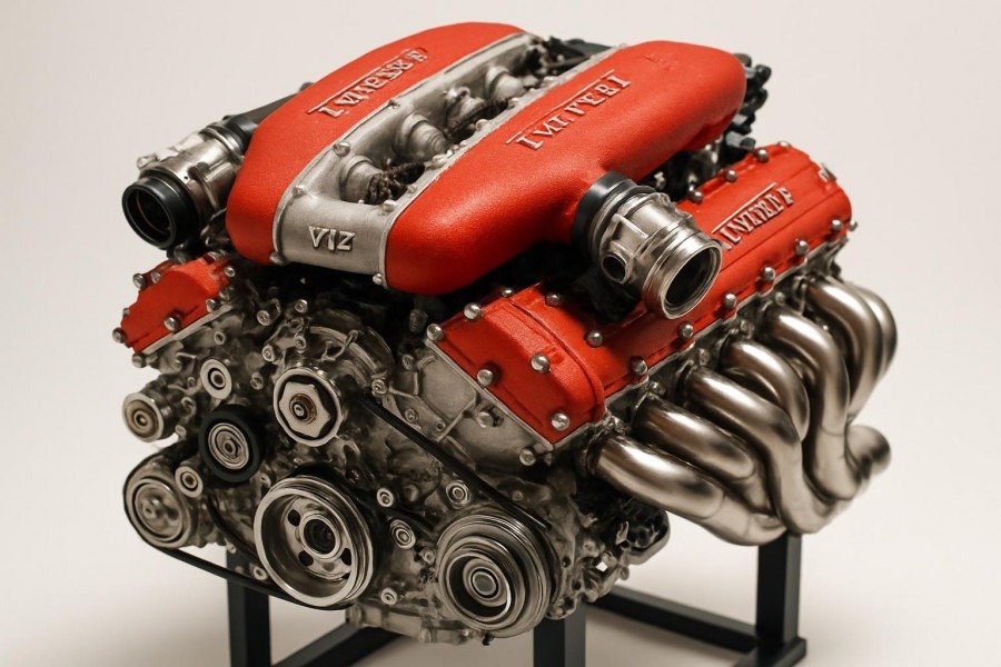 Sleek Ferrari V12 engine showcasing innovation in auto design on a white background.