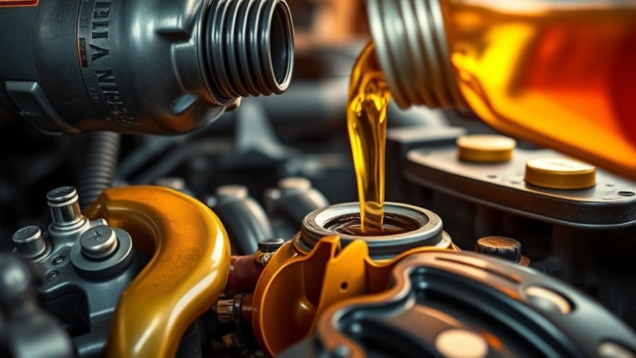 Close-up of engine oil pour highlighting API classification, warning against counterfeit oils.