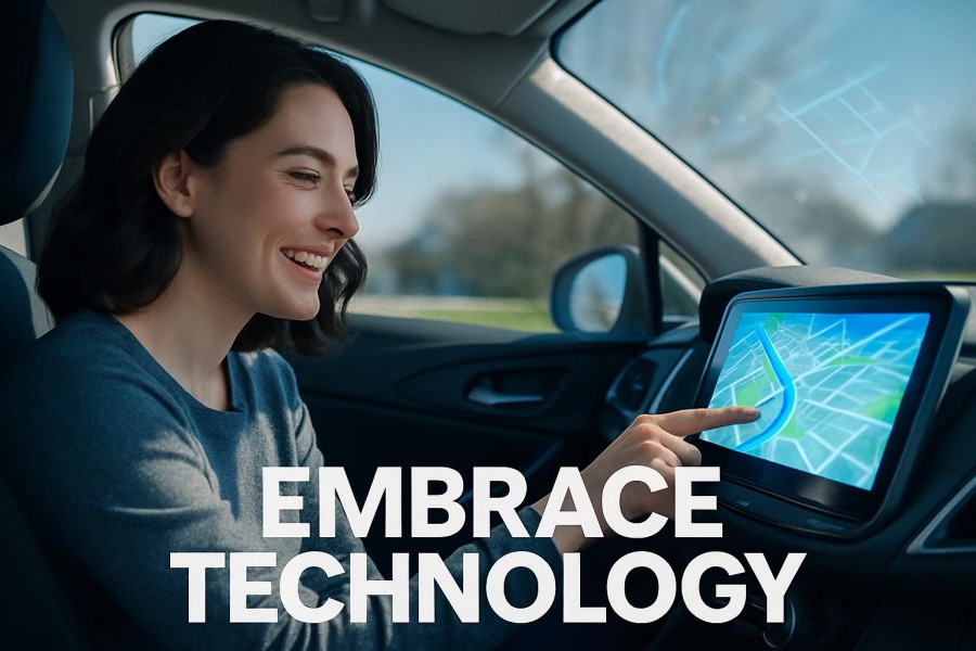 Smiling woman adjusting car navigation, showcasing technology in cars for road safety.