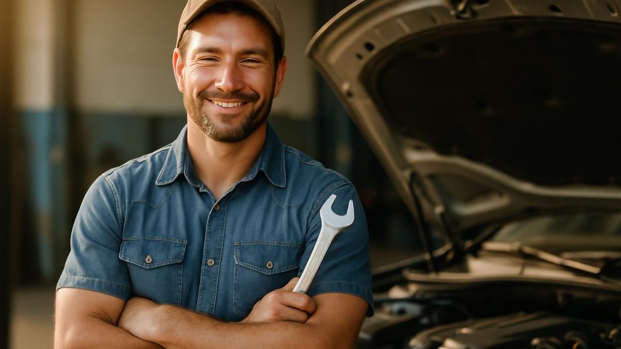 Mechanic showcasing automotive tools beside a car, smiling confidently.