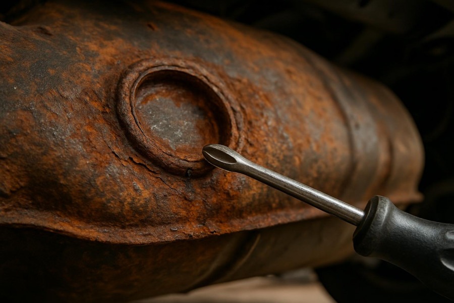 Close-up of a rusted gas tank indicating potential EVAP system leak.