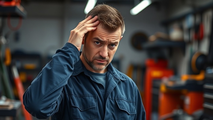 Frustrated mechanic in a blurred garage, highlighting shop growth strategies.
