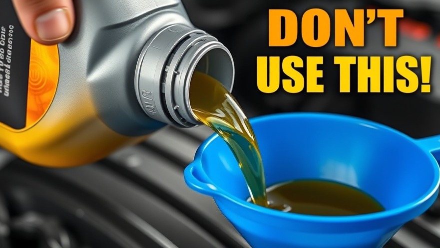 Close-up of pouring yellow engine oil, warning 'DON’T USE THIS', showcasing expired oil risks.