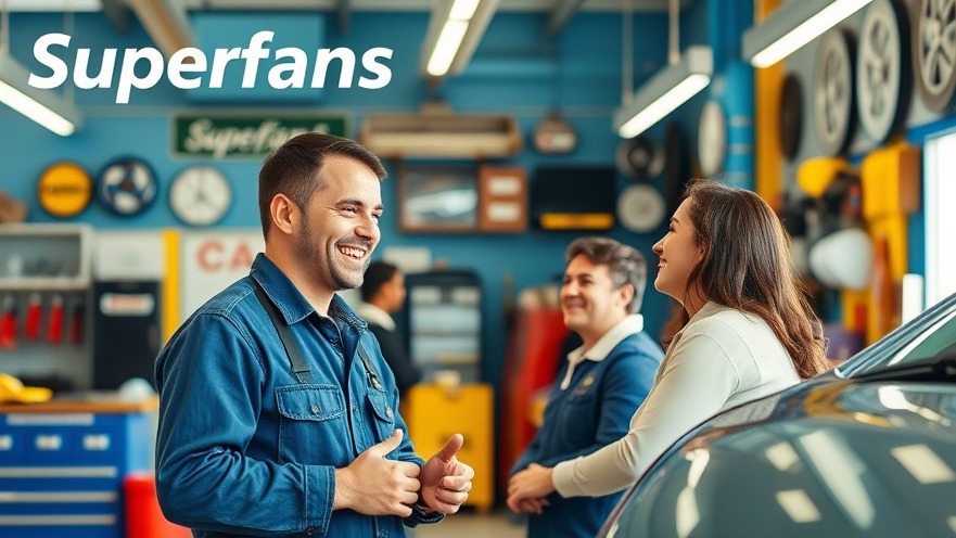 Customer loyalty shines in vibrant auto repair shop scene with happy mechanic and satisfied customer.