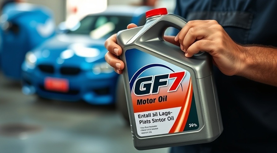 Person holding GF7 motor oil in garage with blue car, emphasizing fuel economy and piston deposits.