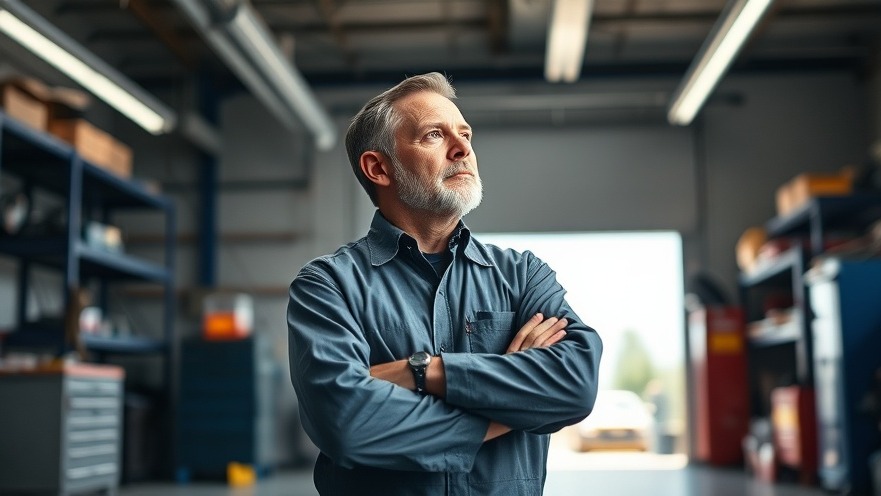 Confident auto repair shop owner reflecting on communication strategies for effective customer experience.