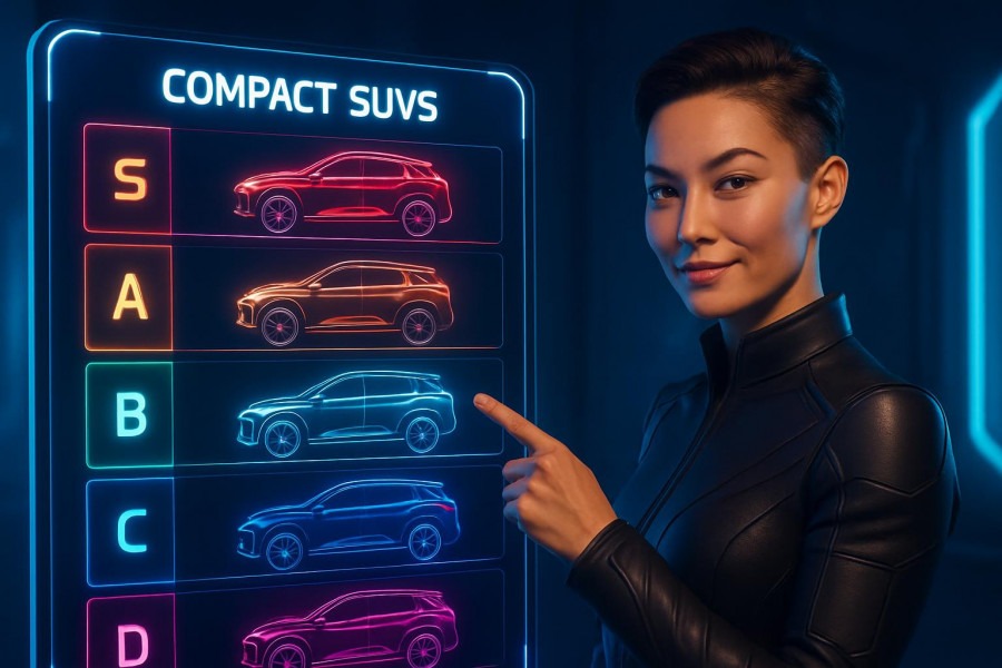 Person pointing at ranked compact SUVs in a vibrant digital tier list, showcasing reliability.