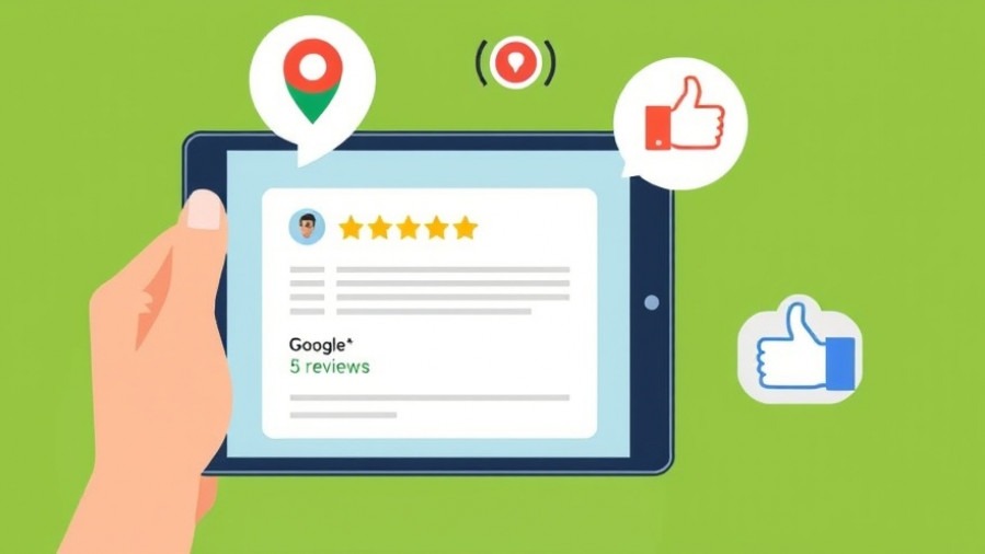 Hand holding tablet with Google Business Profile reviews, 5-star ratings, and icons, promoting local SEO.