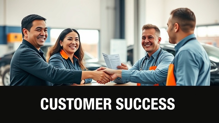 Smiling auto service employees shake hands with a satisfied customer, enhancing customer feedback.