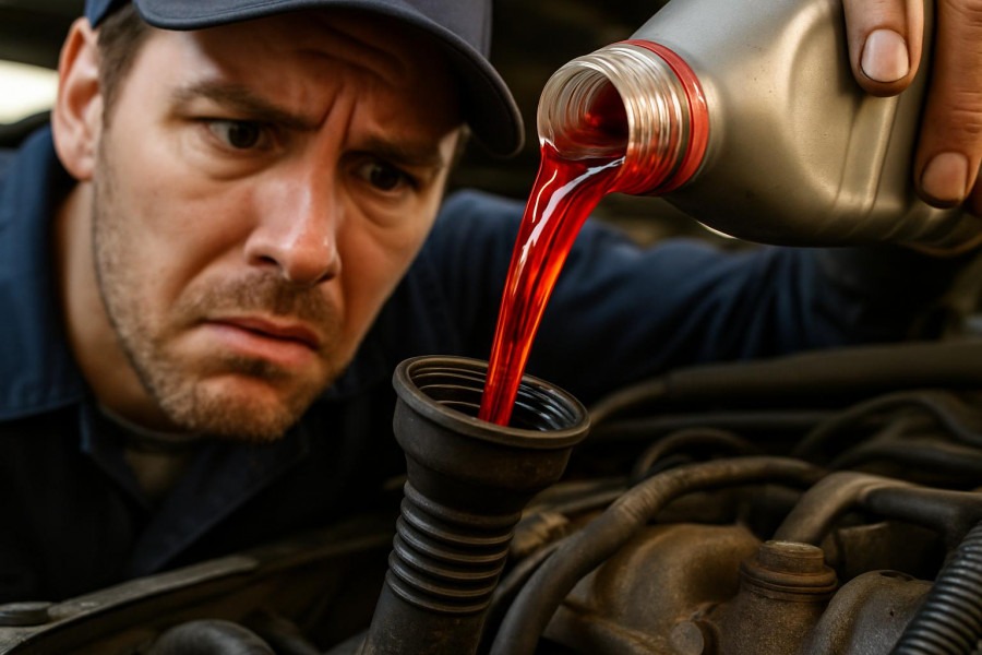 Mechanic pouring transmission fluid with warning text
