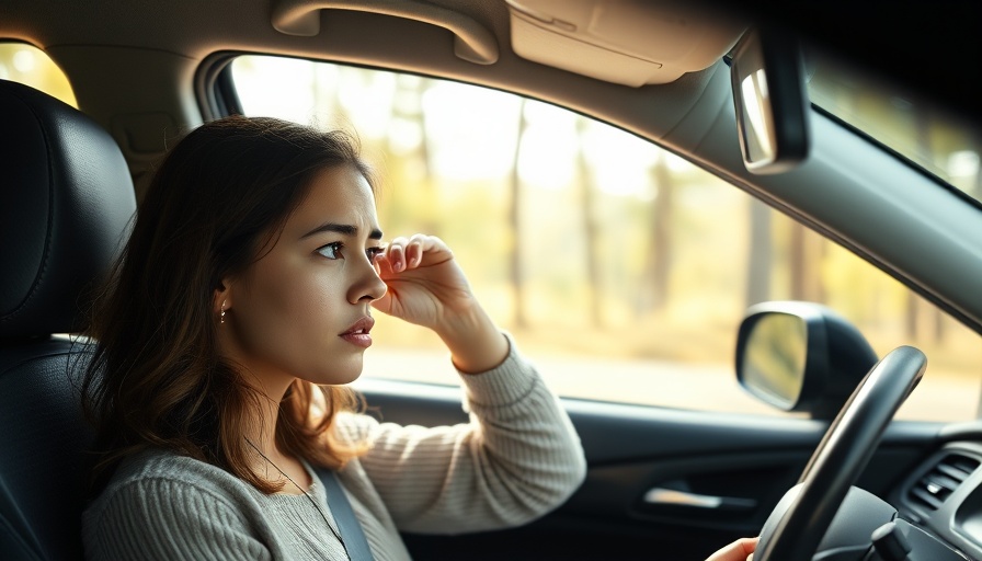 Frustrated woman in car, seeking car maintenance tips.