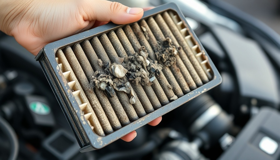 Dirty engine air filter clogged with dust and debris close-up.