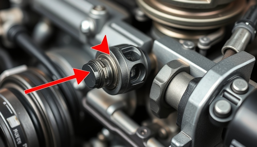 Detailed view of a crank position sensor in a car engine with a red arrow.