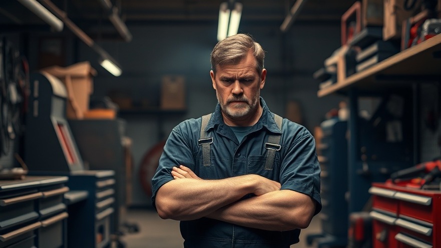 Stressed auto shop owner in overalls, highlighting shop management challenges.
