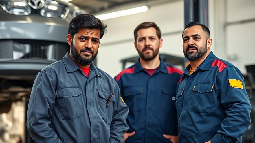 Two diverse auto technicians show emotion in a garage, illustrating employee retention strategies.