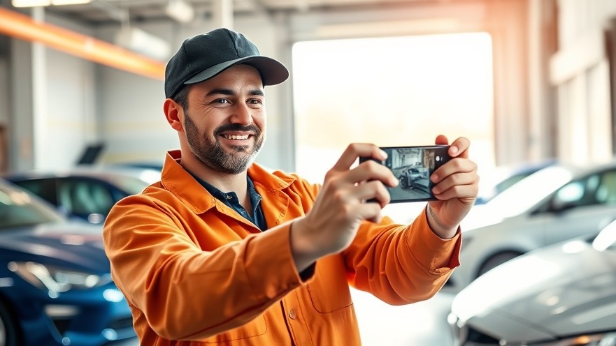 Energetic auto repair owner filming video content advertising tailored marketing strategies.