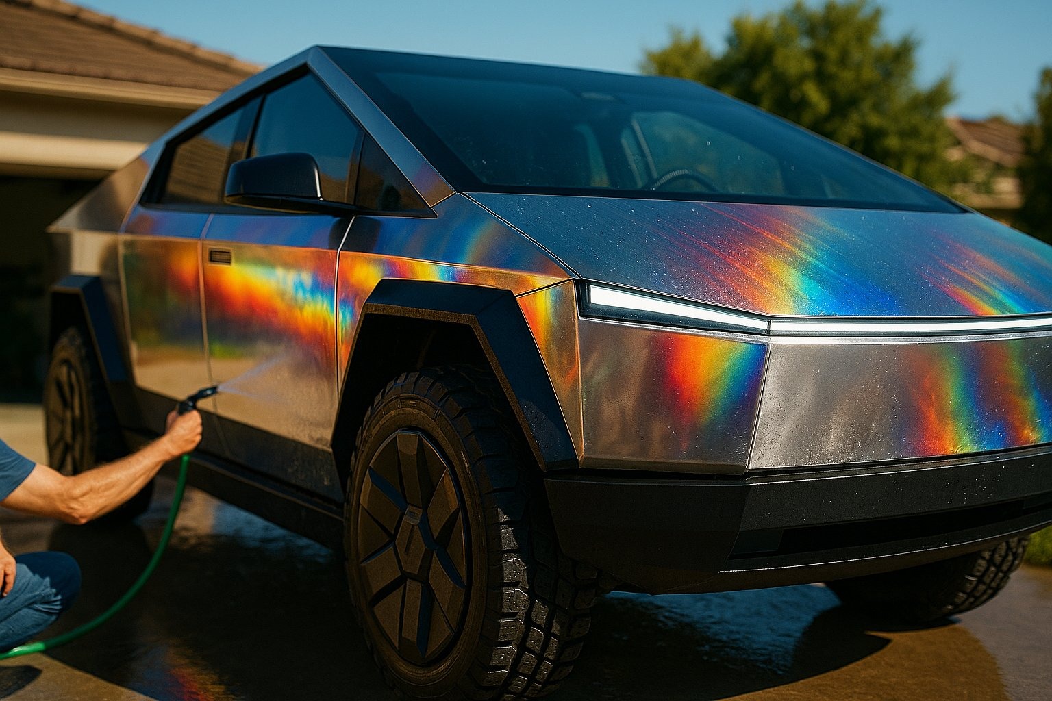 Polished Cybertruck wash in sunny setting with man spraying water.