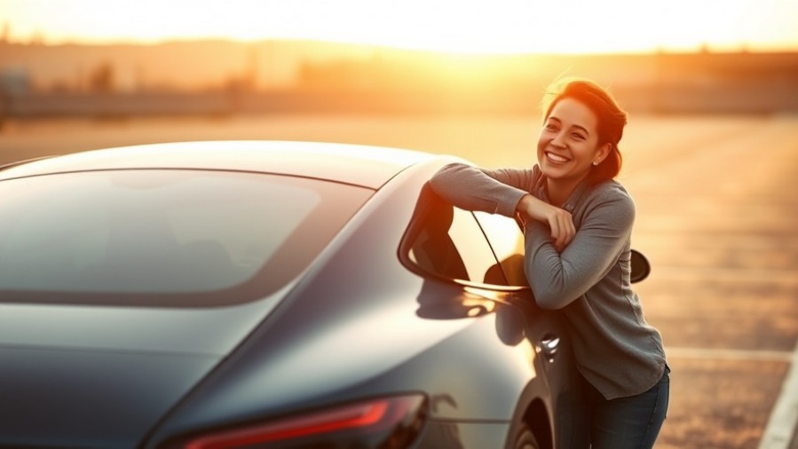 Joyful car owner smiling by their reliable car in golden hour lighting.