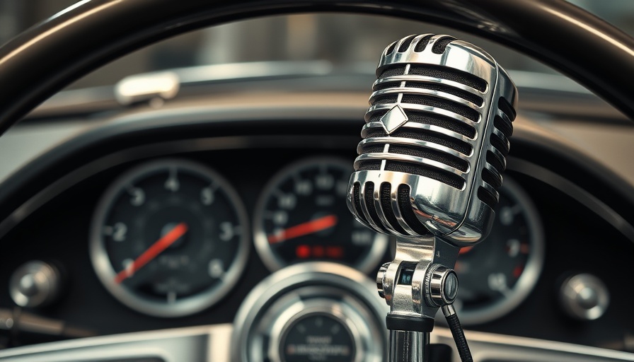 Classic microphone promoting auto repair shop marketing with car dashboard backdrop.