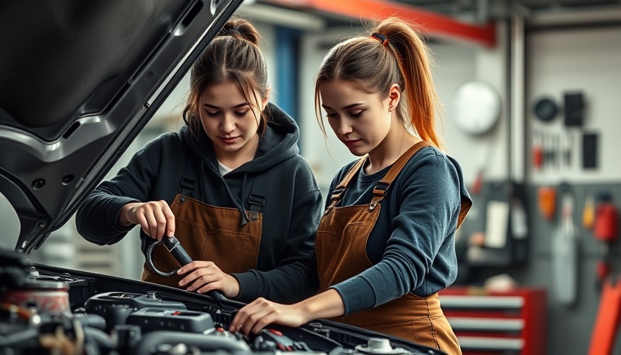 Women in automotive careers, female mechanics working under a car in a garage.