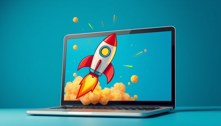 Rocket launching from laptop screen symbolizing digital growth.