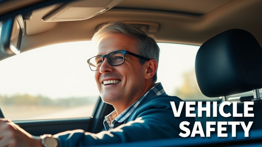 Confident driver in navy blue, smiling and checking rearview mirror, emphasizing car safety.