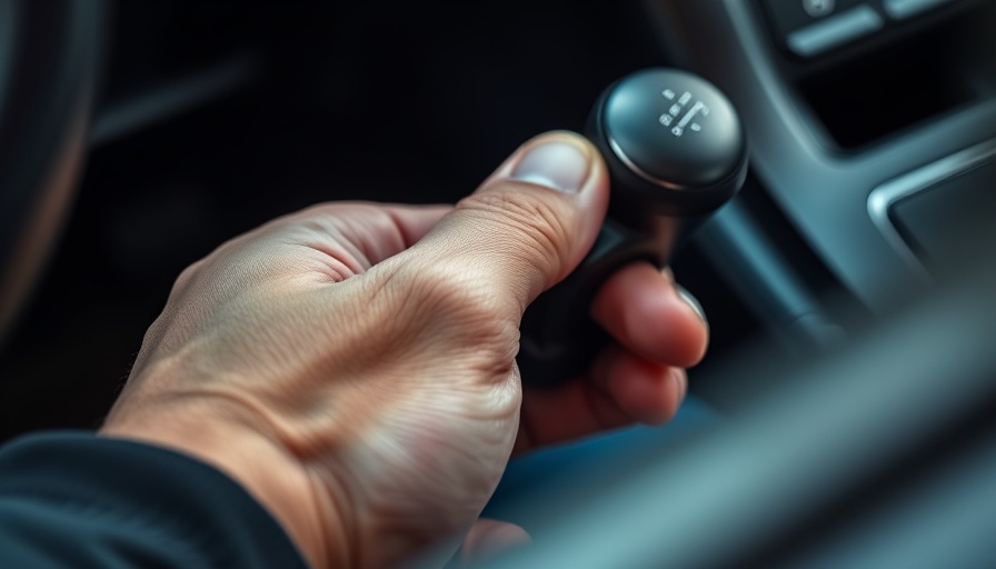 Close-up of hand using car handbrake pressed gently.