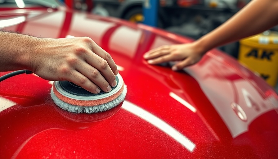 Restoring oxidized paint on car hood with polishing tool.
