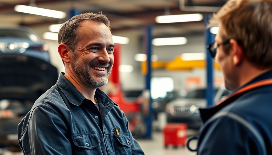 Mechanic and customer at trusted auto repair shop, warm details.