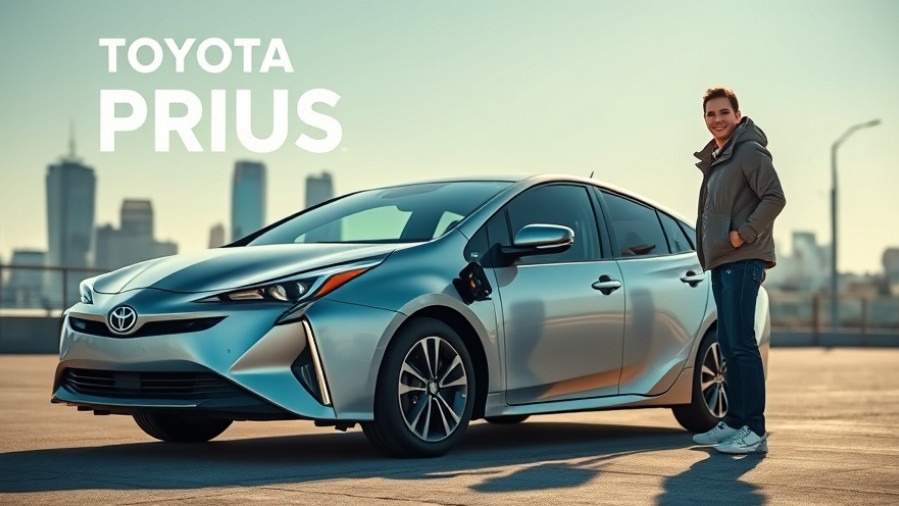 Confident driver with silver Prius Plug-in Hybrid showcasing electric driving range in city.