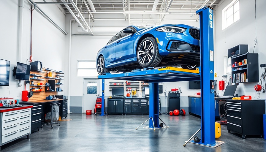 Auto repair shop with blue lift and organized tools, highlighting big equipment purchasing tips.