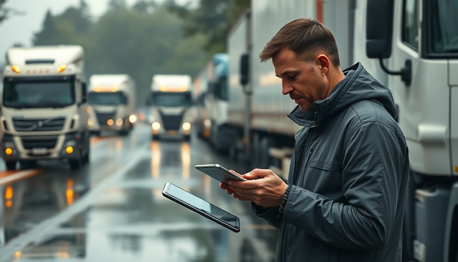 Fleet manager using tablet to monitor trucks on a rainy road.