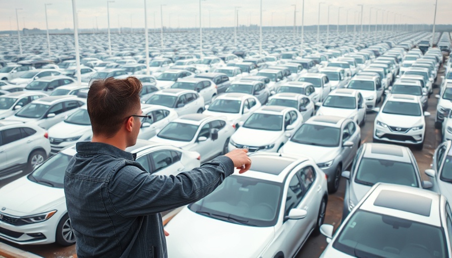 Extensive parking lot filled with new cars, man pointing, emphasizes electric cars struggling.
