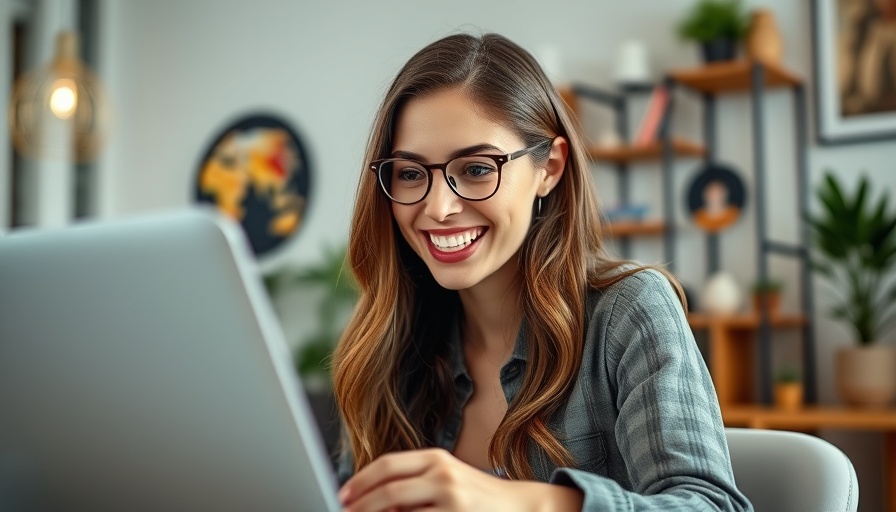 Young woman engaged in online chat in modern office, conveying storytelling for automotive repair.