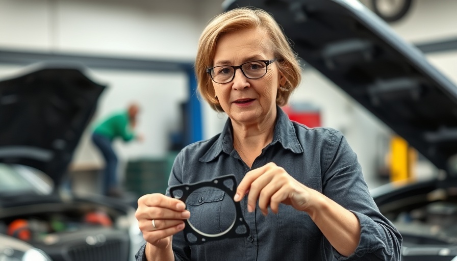 Middle-aged woman demonstrating gasket use in automobile maintenance.