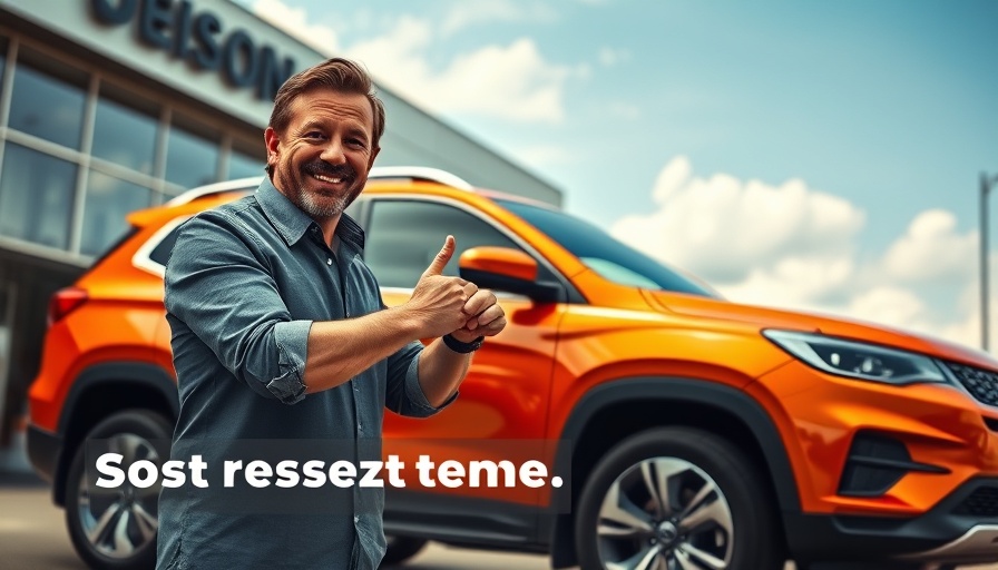 Confident man pointing at orange SUV promoting how to negotiate the best price at the dealership.