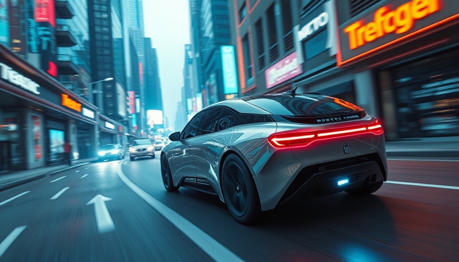 Futuristic software-defined vehicle in neon-lit city, driving autonomously
