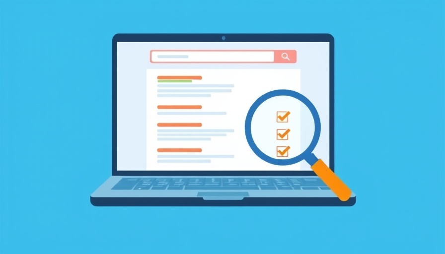 Illustration of laptop screen with search results and SEO elements.