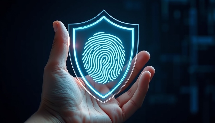 Digital shield with fingerprint in hand representing executive privacy in digital world.