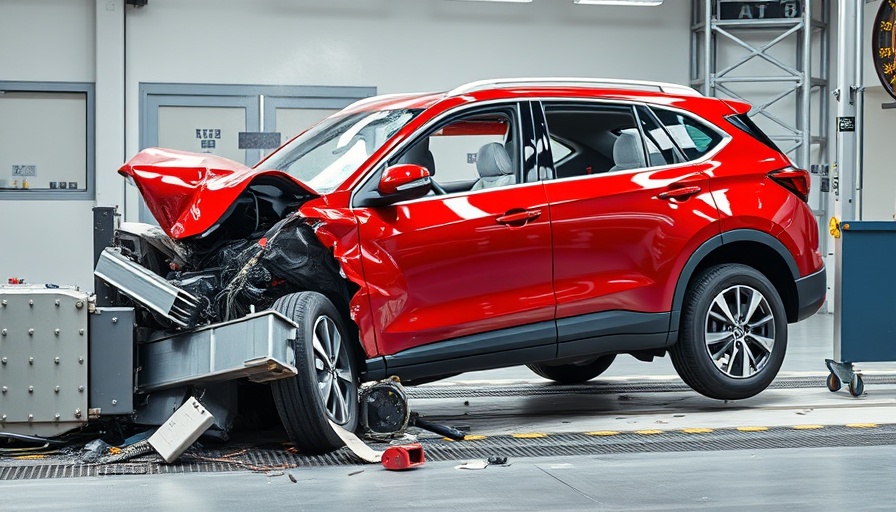Crashed red SUV undergoing crash test for unsafe car evaluation.